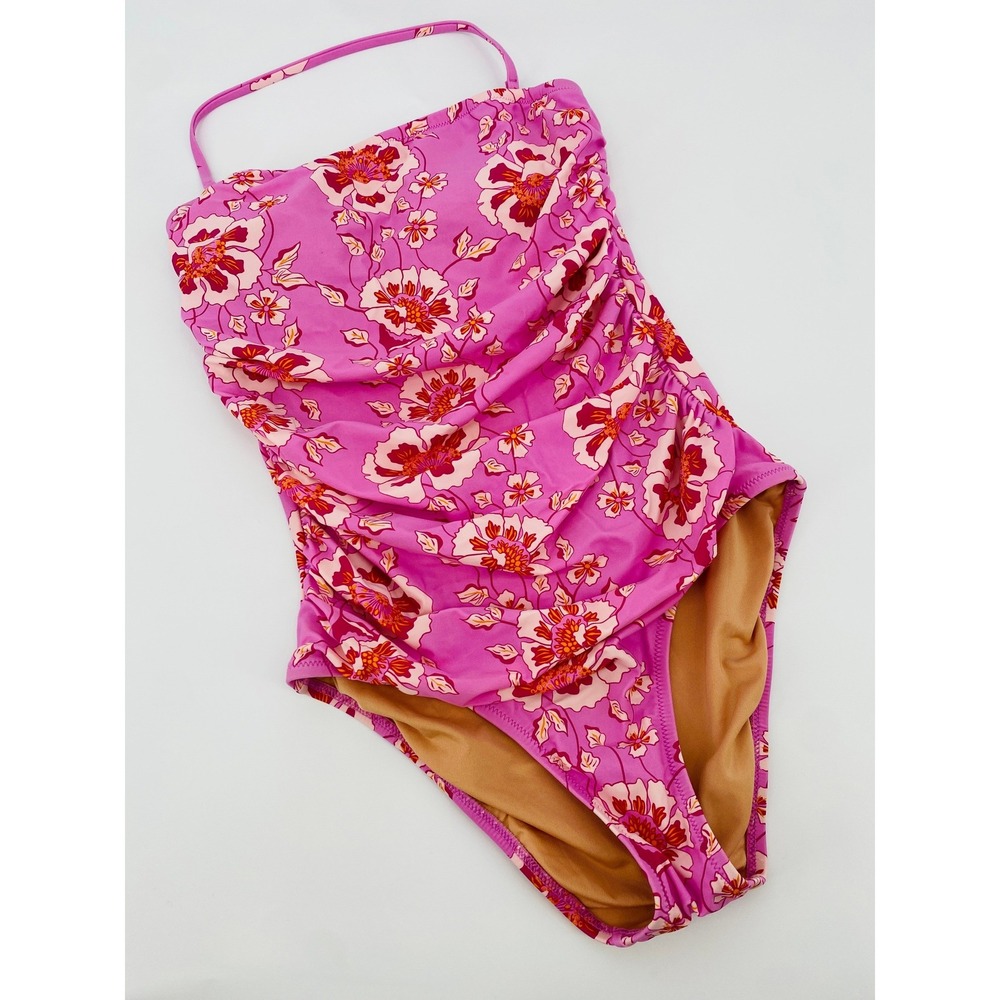 J.Crew One Piece Swimsuit Women 2 Pink Floral Ruched Strapless Bandeau